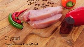  Presentation with boar - Amazing PPT theme having fresh raw turkey meat steak with hot sweet pepper dry spices castor and pepperbox on wood cutting boar over table backdrop and a red colored foreground