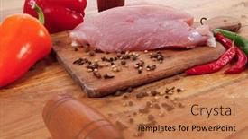  Presentation with boar - Beautiful slide deck featuring fresh raw turkey meat steak with hot sweet pepper dry spices castor and pepperbox on wood cutting boar over table backdrop and a coral colored foreground