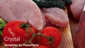  Presentation with fresh meat - PPT theme with fresh raw turkey meat steak fillet with vegetables kale tomatoes lettuce red hot chili pepper and dark olives on cutting board over wooden table background and a tawny brown colored foreground