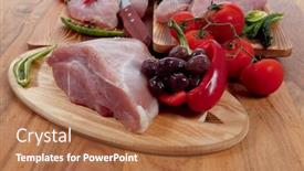  Presentation with fresh meat - PPT theme consisting of fresh raw turkey meat steak fillet with vegetables kale tomatoes lettuce red hot chili pepper and dark olives on cutting board over wooden table background and a coral colored foreground