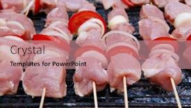  Presentation with charcoal - Slide deck with fresh raw turkey pork red meat fillet shish kebab on wooden skewers over vintage kind brazier full with ready charcoal background and a coral colored foreground