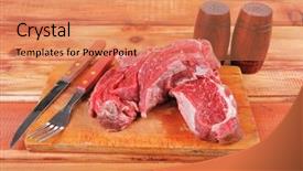  Presentation with wood board - Audience pleasing presentation theme consisting of fresh raw uncooked beef fillet mignon entrecote on board prepared for cooking on wood table wtih cutlery and castors backdrop and a coral colored foreground