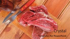  Presentation with wood board - Audience pleasing PPT layouts consisting of fresh raw uncooked beef fillet mignon entrecote on board prepared for cooking on wood table with cutlery and castors backdrop and a red colored foreground