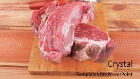  Presentation with cutlery - Audience pleasing theme consisting of fresh raw uncooked beef fillet mignon entrecote on board prepared for cooking on wood table with cutlery and castors backdrop and a coral colored foreground