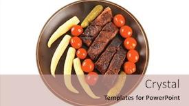  Presentation with gmo free meat - PPT layouts featuring fresh red beef meat served with baby corns and cherry tomatoes on dark plate isolated on white background background and a coral colored foreground