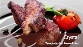  Presentation with sweet basil - Beautiful slide set featuring fresh red beef meat steak barbecue garnished vegetable salad sweet potato and basil on black plate over black wooden table backdrop and a tawny brown colored foreground