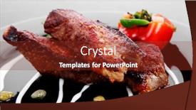  Presentation with barbecue boat - PPT theme featuring fresh red beef meat steak barbecue garnished vegetable salad sweet potato and basil on black plate over black wooden table with bbq sauce in sauce boat background and a tawny brown colored foreground