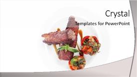  Presentation with fresh meat - Presentation design having fresh red beef meat steak barbecue garnished vegetable salad and basil in half of pepper bell on white plate isolated over white background background and a white colored foreground