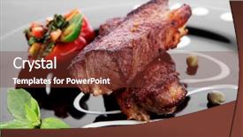  Presentation with barbecue boat - Slides having fresh red beef meat steak barbecue garnished vegetable salad sweet potato and basil on black plate over black wooden table with bbq sauce in sauce boat high resolution hidef background and a tawny brown colored foreground