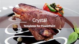  Presentation with sweet basil - Slide set having fresh red beef meat steak barbecue garnished vegetable salad sweet potato and basil on black plate over black wooden table with bbq sauce in sauceboat background and a tawny brown colored foreground