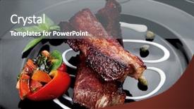  Presentation with barbecue boat - PPT layouts having fresh red beef meat steak barbecue garnished vegetable salad sweet potato and basil on black plate over black wooden table with bbq sauce in sauce boat background and a gray colored foreground