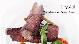 Presentation with fresh meat - Audience pleasing presentation design consisting of fresh red beef meat steak barbecue garnished vegetable salad and basil in half of pepper bell on white plate isolated over white background backdrop and a white colored foreground