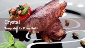  Presentation with sweet basil - Amazing presentation having fresh red beef meat steak barbecue garnished vegetable salad sweet potato and basil on black plate over black wooden table with bbq sauce in sauceboat backdrop and a tawny brown colored foreground