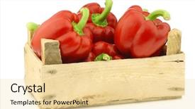  Presentation with capsicum - Audience pleasing theme consisting of fresh red bell peppers capsicum in a wooden crate on a white background backdrop and a blonde colored foreground