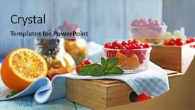  Presentation with currant - Colorful slide deck enhanced with fresh red currant and orange in glass bowl on wooden box backdrop and a light blue colored foreground