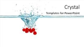  Presentation with currant - Theme enhanced with fresh red currant falling in water on white background background and a white colored foreground