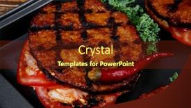  Presentation with hamburger - Theme consisting of fresh red meat beef hamburger served on black tray with vegetables olives hot chili pepper tomatoes mushrooms over wooden table background and a tawny brown colored foreground