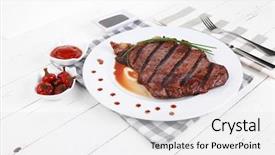  Presentation with sauces - Cool new slide set with fresh rich juicy grilled beef meat steak fillet with marks on white plate over wooden table decorated with sauces and cutlery new york style backdrop and a white colored foreground