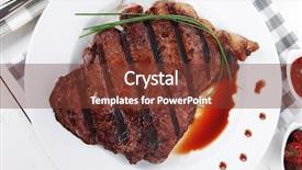  Presentation with sauces - Amazing slide set having fresh rich juicy grilled beef meat steak fillet with marks on white plate over wooden table decorated with sauces and cutlery new york style backdrop and a tawny brown colored foreground