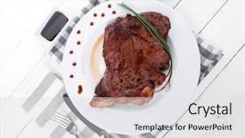  Presentation with sauces - Slide deck featuring fresh rich juicy grilled beef meat steak fillet on white plate over wooden table decorated with sauces and cutlery new york style background and a light gray colored foreground