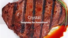  Presentation with sauces - PPT theme consisting of fresh rich juicy grilled beef meat steak fillet with marks on white plate over wooden table decorated with sauces and cutlery new york style background and a tawny brown colored foreground