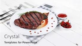  Presentation with sauces - PPT theme having fresh rich juicy grilled beef meat steak fillet with marks on white plate over wooden table decorated with sauces and cutlery new york style background and a white colored foreground