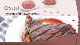  Presentation with sauces - Slide deck enhanced with fresh rich juicy grilled beef meat steak fillet with marks on white plate over wooden table decorated with sauces and cutlery new york style background and a lemonade colored foreground
