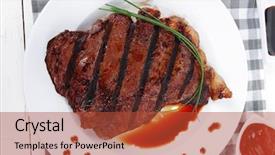  Presentation with sauces - Beautiful slides featuring fresh rich juicy grilled beef meat steak fillet with marks on white plate over wooden table decorated with sauces and cutlery new york style backdrop and a red colored foreground