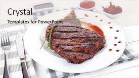  Presentation with sauces - Colorful slide deck enhanced with fresh rich juicy grilled beef meat steak fillet with marks on white plate over wooden table decorated with sauces and cutlery new york style backdrop and a lemonade colored foreground