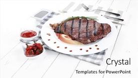  Presentation with sauces - Cool new slide deck with fresh rich juicy grilled beef meat steak fillet with marks on white plate over wooden table decorated with sauces and cutlery new york style backdrop and a white colored foreground
