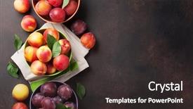  Presentation with top view of appetizing fresh - Theme enhanced with fresh ripe peaches and plums background and a dark gray colored foreground