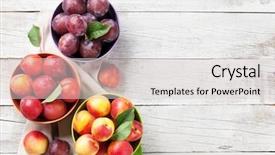  Presentation with top view - Beautiful presentation theme featuring fresh ripe peaches on wooden backdrop and a light gray colored foreground