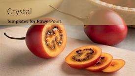  Presentation with cutting board - Slide deck with fresh-ripe-sliced-tamarillo-close background and a coral colored foreground