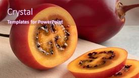  Presentation with cutting board - Presentation with fresh-ripe-sliced-tamarillo-close background and a tawny brown colored foreground