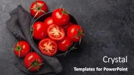  Presentation with flat - Beautiful PPT layouts featuring fresh-ripe-tomatoes-in-bowl backdrop and a dark gray colored foreground