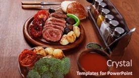  Presentation with tomato juice - PPT theme enhanced with fresh roast bbq beef meat ribeye steak on wooden plate served with tomato juice in wooden cup boiled broccoli baked tomatoes and potatoes with white bun red wine glass on light walnut wooden table background and a tawny brown colored foreground