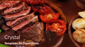  Presentation with tomato juice - Slide deck with fresh roast bbq beef meat ribeye steak on wooden plate served with tomato juice in wooden cup boiled broccoli baked tomatoes and potatoes with white bun red wine glass on light walnut wooden table background and a tawny brown colored foreground
