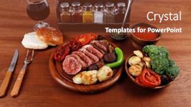  Presentation with tomato juice - PPT layouts enhanced with fresh roast bbq beef meat ribeye steak on wooden plate served with tomato juice wooden cup boiled broccoli baked tomatoes and potatoes with white bun and red wine glass light walnut wooden table background and a tawny brown colored foreground