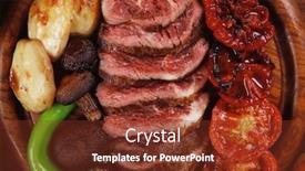  Presentation with tomato juice - Slide set with fresh roast bbq beef meat ribeye steak on wooden plate served with tomato juice in wooden cup boiled broccoli baked tomatoes and potatoes white bun and red wine glass on light walnut wooden table background and a tawny brown colored foreground