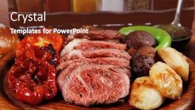  Presentation with tomato juice - Cool new PPT theme with fresh roast bbq beef meat ribeye steak on wooden plate served with tomato juice in wooden cup boiled broccoli baked tomatoes and potatoes white bun and red wine glass on light walnut wooden table backdrop and a tawny brown colored foreground