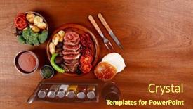  Presentation with eye glass - Slide set featuring fresh roast bbq beef meat rib eye steak on wooden plate served with tomato juice in wooden cup boiled broccoli baked tomatoes and potatoes with white bun and wine glass on light walnut wooden tabl background and a tawny brown colored foreground