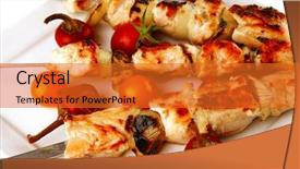  Presentation with kebab - Colorful slide set enhanced with fresh roast chicken shish kebab on white platter backdrop and a gold colored foreground