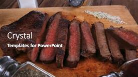  Presentation with roast beef - Audience pleasing slide set consisting of fresh roast red beef meat fillet mignon cutted on wooden plate with many different kinds of dry spices red hot paprika crushed black pepper salt dry mustard grains over table backdrop and a tawny brown colored foreground