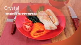  Presentation with green plate - Beautiful PPT layouts featuring fresh roast turkey meat fillet steak on red plate with tomatoes pepper green kale and lettuce salad over wooden table backdrop and a coral colored foreground