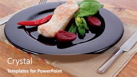  Presentation with green plate - Slide set with fresh roast turkey meat steak fillet with red hot pepper and green lettuce salad kale on black plate over wooden table with knife and fork background and a coral colored foreground