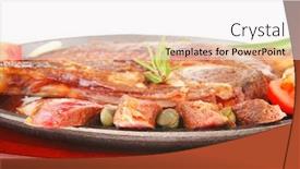  Presentation with hot metal - Presentation with fresh roasted beef meat bone steak on metal iron plate with red hot pepper and tomatoes isolated on white background background and a white colored foreground