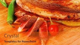  Presentation with cutlery - PPT layouts enhanced with fresh roasted beef meat steak sliced on wooden board with red hot pepper cutlery isolated over white background background and a gold colored foreground