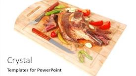  Presentation with cutlery - PPT layouts with fresh roasted beef meat steak sliced on wooden board with red hot pepper cutlery isolated over white background background and a white colored foreground