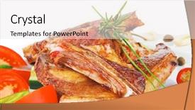  Presentation with fresh meat - Cool new presentation with fresh roasted lamb meat fillet ready on china plate with tomatoes green pepper and garlic isolated over white background backdrop and a sky blue colored foreground