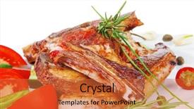  Presentation with green plate - Presentation theme featuring fresh roasted lamb meat fillet ready on china plate with tomatoes green pepper and garlic isolated over white background background and a red colored foreground